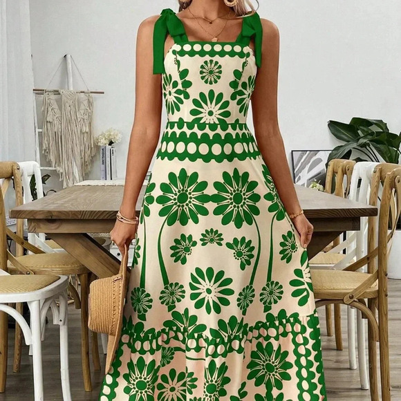 Green Casual Women's Print Laced Shoulder Cut-Out Waist Dress Vacation Beach - Picture 3 of 6